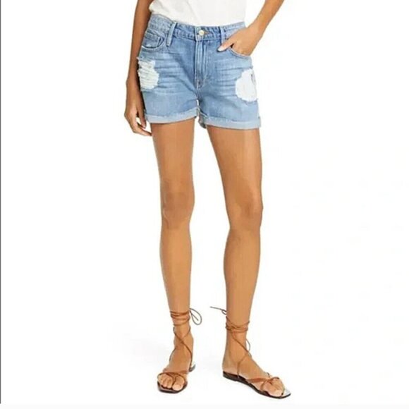 Frame Denim Le Grand Garçon Shorts Heron Blue Distressed Size 24 Beach Festival - Picture 1 of 7